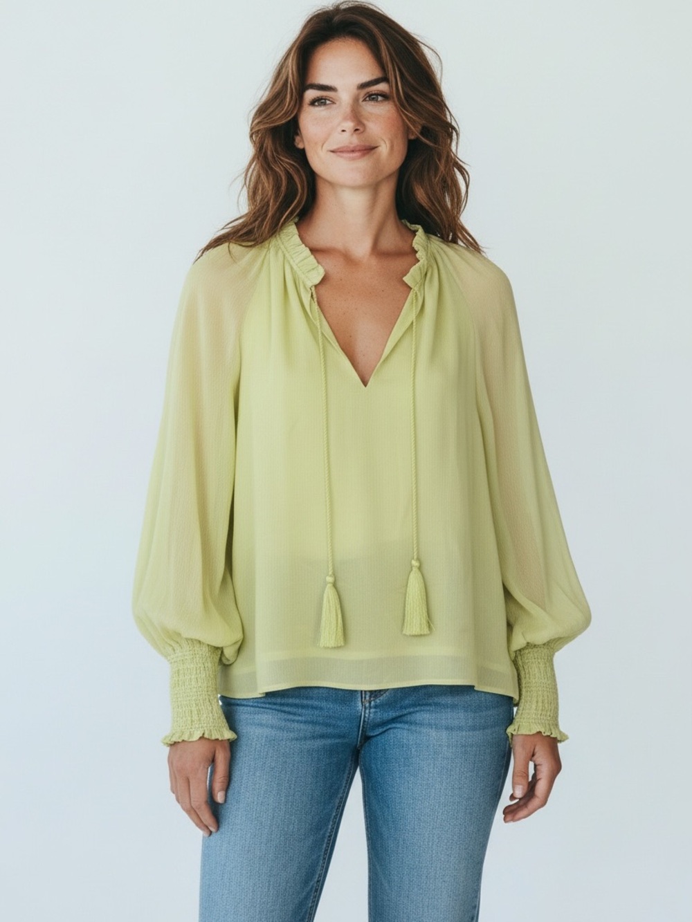 Marie Oliver Soft Lime Tie-Neck Peasant Blouse size M
